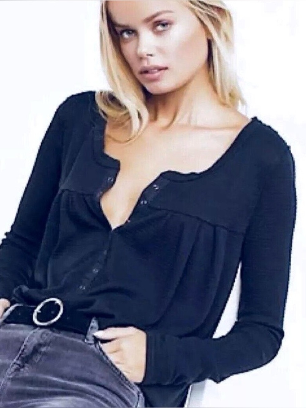 NWT!  We The Free Free People Flowy Henley Black Oversized Long-Sleeve ~ S